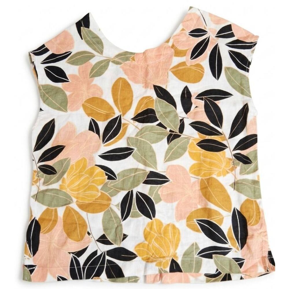 Rachel Zoe womens small 100% linen boxy top mustard yellow green floral blouse